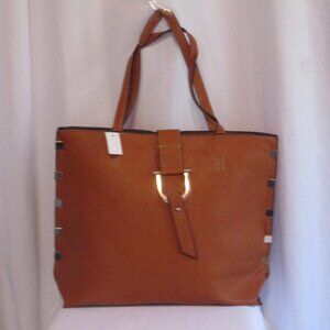 Brown Tote Bag Womens Large Faux Leather Purse Gold Accents Double Strap Handbag